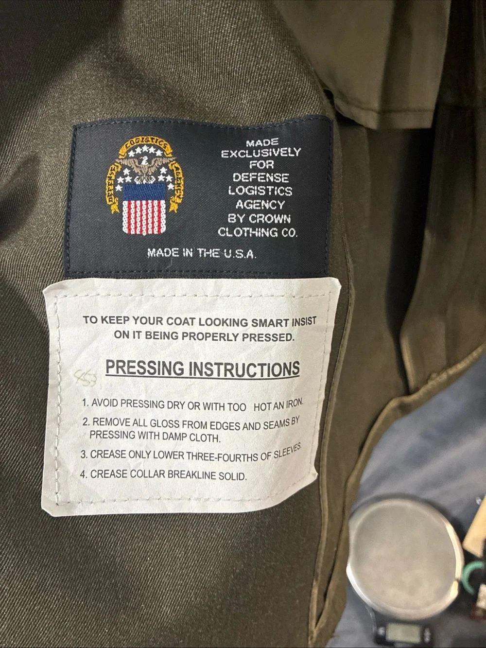 Military-Style Coat Made for Defense Logistics Agency - Olive with White Label